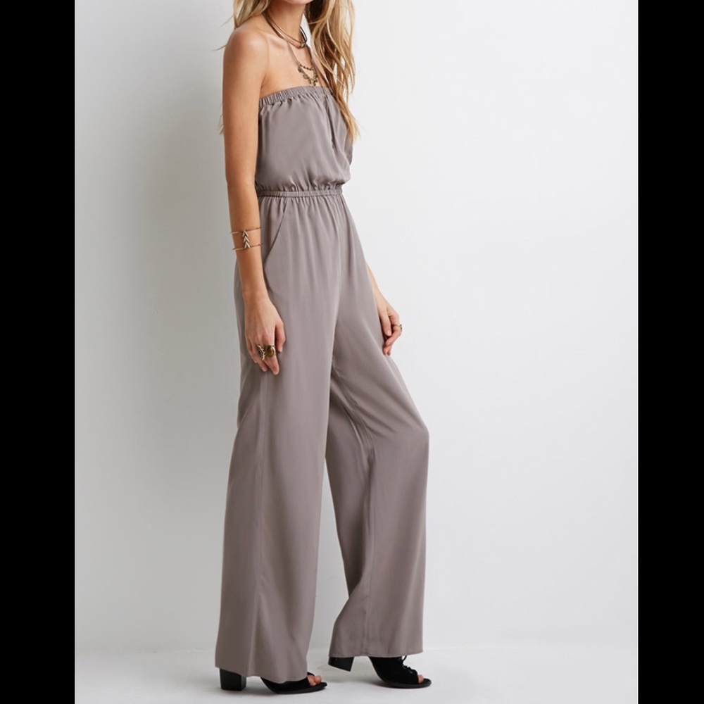 F21 Strapless Grey Wide Leg Jumpsuit Sz M